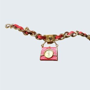 Source Unknown Gold-Tone Chain Bracelet with Red Leather Weave and Square Charm